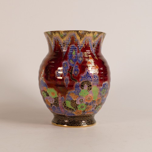 114 - Crown Devon, three red lustre vases to include a pair of garden scene loop handled examples and a la... 