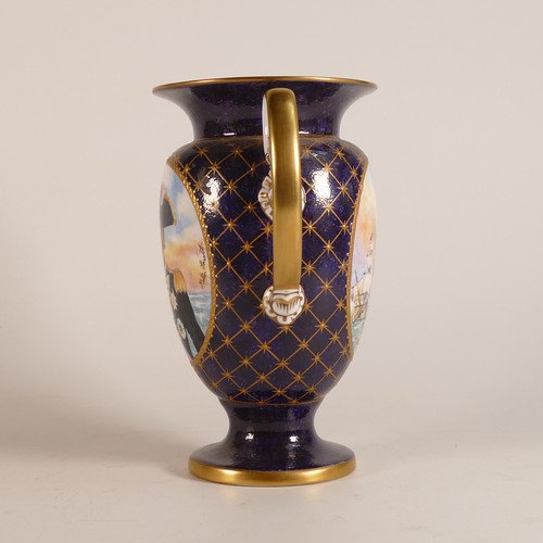 134 - Peter Smith Ceramics gilded and hand painted two handled vase decorated with Lord Nelson for the bic... 