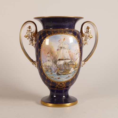 134 - Peter Smith Ceramics gilded and hand painted two handled vase decorated with Lord Nelson for the bic... 