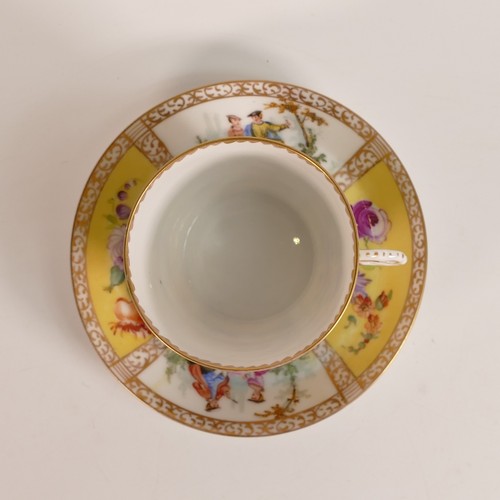 140 - Helena Wolfsohn style Dresden Porcelain tea cup, with unusual floral moulded handle. Yellow ground p... 