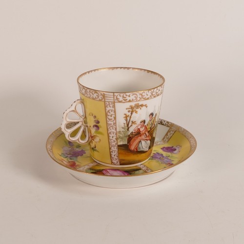 140 - Helena Wolfsohn style Dresden Porcelain tea cup, with unusual floral moulded handle. Yellow ground p... 