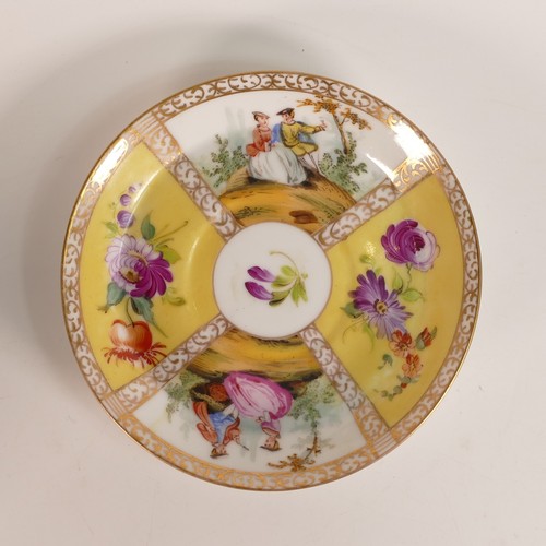 140 - Helena Wolfsohn style Dresden Porcelain tea cup, with unusual floral moulded handle. Yellow ground p... 