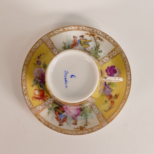 140 - Helena Wolfsohn style Dresden Porcelain tea cup, with unusual floral moulded handle. Yellow ground p... 