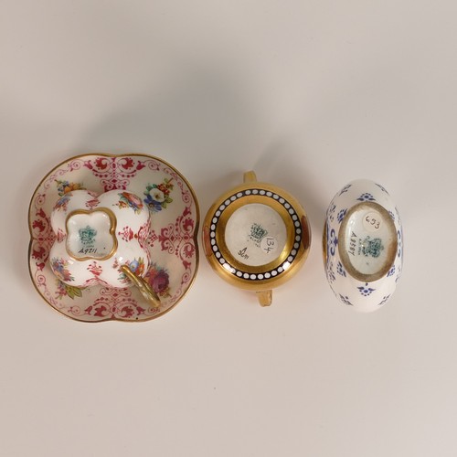 149 - Coalport, three miniature porcelain items including hand painted moon flask with English bird scenes... 