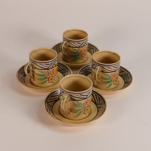 152 - Wedgwood Cane ware Art Deco coffee cans and saucers, set of 4. Hand painted pattern, designed by Mil... 