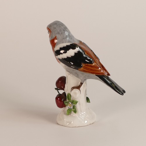 153 - Samson type porcelain model of a Finch on naturalistic stump with cherries. Gilt anchor mark to base... 