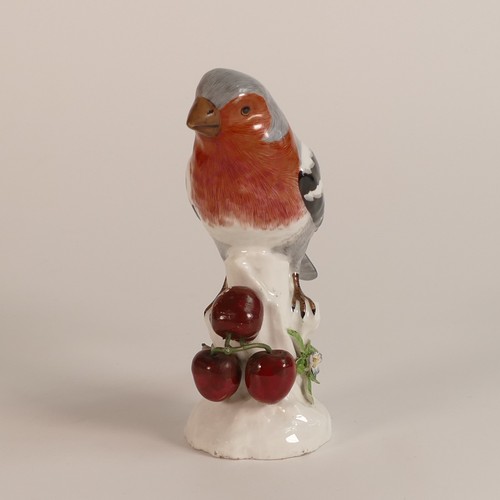 153 - Samson type porcelain model of a Finch on naturalistic stump with cherries. Gilt anchor mark to base... 