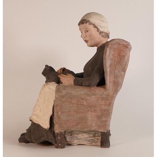 187 - Isabella Pope, Studio Pottery figure of a seated maid with cat. Pope was a Master Potter and teacher... 