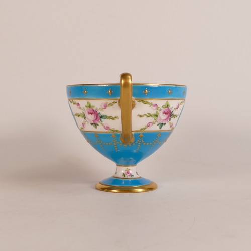 221 - Minton, twin handled Celeste blue porcelain cup. Female Grecian cameo to front. Height: 8.5cm