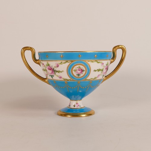 221 - Minton, twin handled Celeste blue porcelain cup. Female Grecian cameo to front. Height: 8.5cm