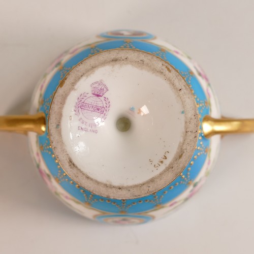 221 - Minton, twin handled Celeste blue porcelain cup. Female Grecian cameo to front. Height: 8.5cm