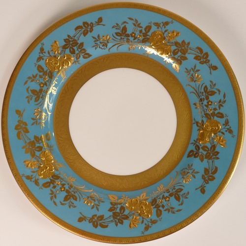 223 - Minton, five heavily gilt plates and bowls, includes Porcelain Ball pattern bowl, Atholl pattern blu... 