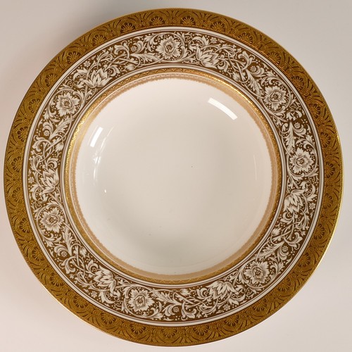 223 - Minton, five heavily gilt plates and bowls, includes Porcelain Ball pattern bowl, Atholl pattern blu... 