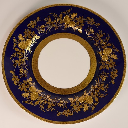 223 - Minton, five heavily gilt plates and bowls, includes Porcelain Ball pattern bowl, Atholl pattern blu... 