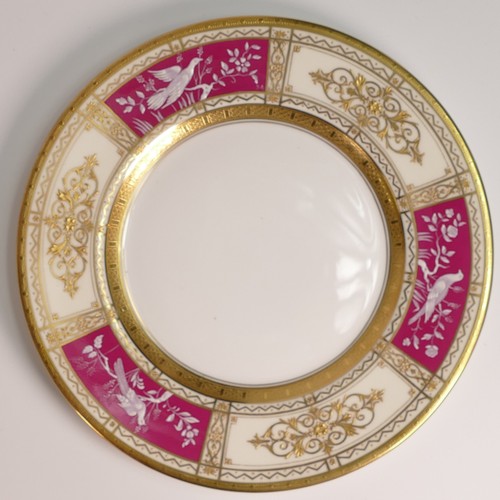 231 - Minton, five Pate-sur-Pate side plates. Heavily gilt with red ground panels with painted bird scenes... 