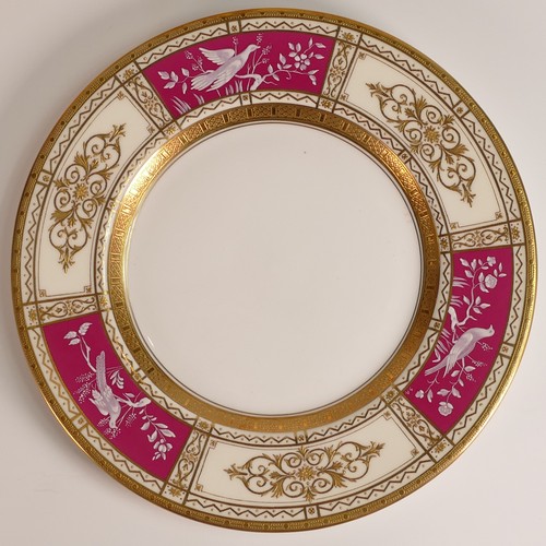 231 - Minton, five Pate-sur-Pate side plates. Heavily gilt with red ground panels with painted bird scenes... 