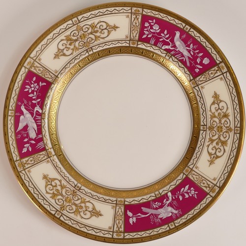 231 - Minton, five Pate-sur-Pate side plates. Heavily gilt with red ground panels with painted bird scenes... 