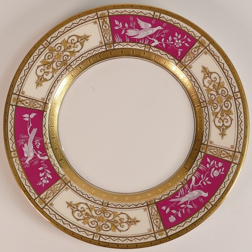 231 - Minton, five Pate-sur-Pate side plates. Heavily gilt with red ground panels with painted bird scenes... 