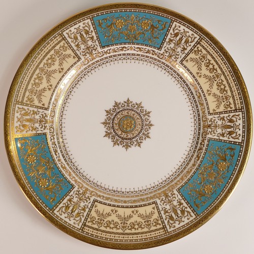 233 - Minton, three heavily gilt light blue ground porcelain plates. Includes dinner plate and two salad p... 