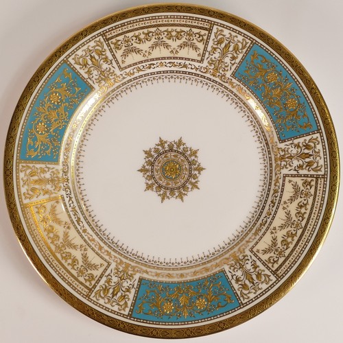 233 - Minton, three heavily gilt light blue ground porcelain plates. Includes dinner plate and two salad p... 