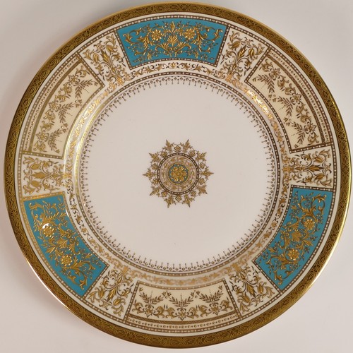 233 - Minton, three heavily gilt light blue ground porcelain plates. Includes dinner plate and two salad p... 