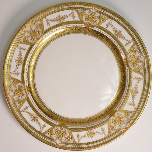 237 - Minton, three heavily gilt dinner plates. Heavily gilt with blue, lilac and white blank ground colou... 