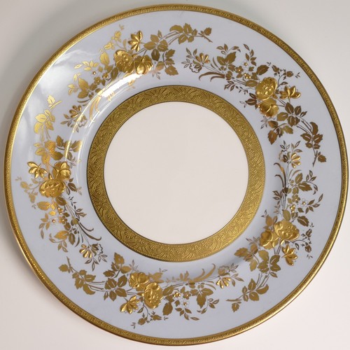 237 - Minton, three heavily gilt dinner plates. Heavily gilt with blue, lilac and white blank ground colou... 