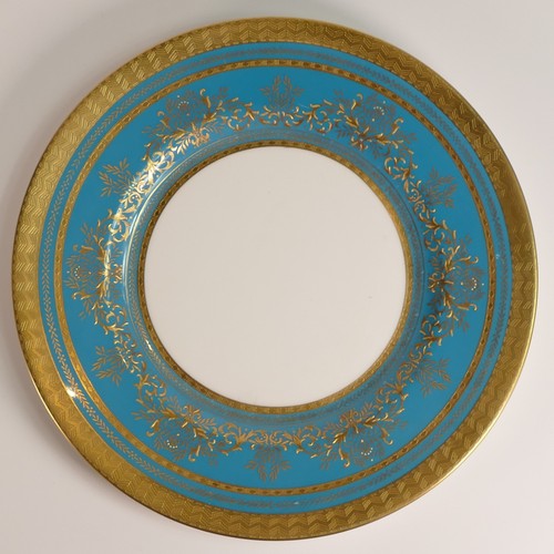 237 - Minton, three heavily gilt dinner plates. Heavily gilt with blue, lilac and white blank ground colou... 