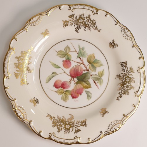 244 - L Price for Minton, two hand painted fruit cabinet plates. Cream ground borders with Gooseberries an... 