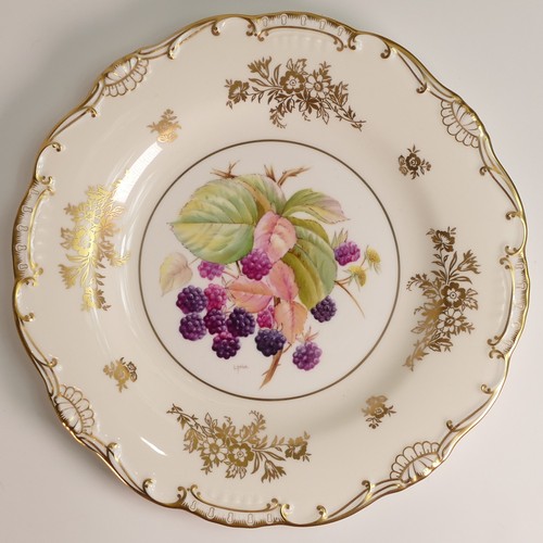 244 - L Price for Minton, two hand painted fruit cabinet plates. Cream ground borders with Gooseberries an... 