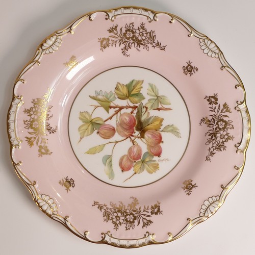 245 - B. Tunstall for Minton, two hand painted fruit cabinet plates. Pink ground borders with Strawberries... 