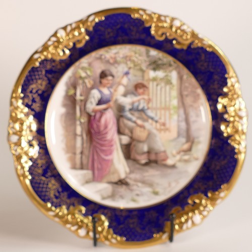 252 - Hammersley, pair of hand painted cabinet plates with scenes of historic past times. Both initialled ... 