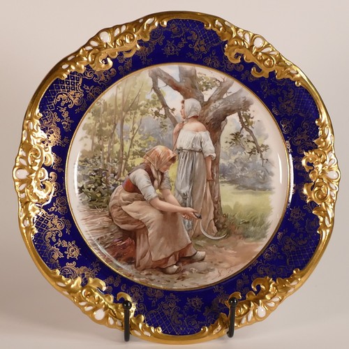 252 - Hammersley, pair of hand painted cabinet plates with scenes of historic past times. Both initialled ... 