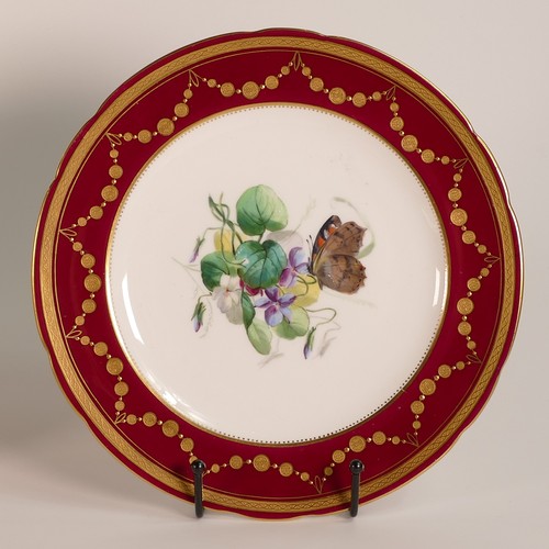 254 - Minton, five hand painted butterfly cabinet plates. Red ground border with heavily gilt decoration. ... 