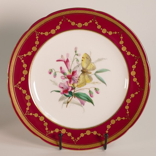 254 - Minton, five hand painted butterfly cabinet plates. Red ground border with heavily gilt decoration. ... 