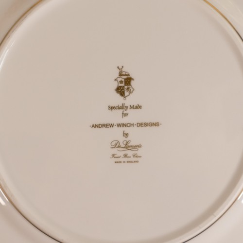 278 - De Lamerie Fine Bone China, five Burgundy Majestic pattern heavily gilt dinner plates. Specially mad... 