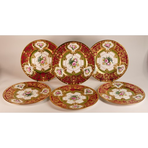 293 - De Lamerie Fine Bone China, six heavily gilt 
red and green ground dinner plates with floral spray r... 