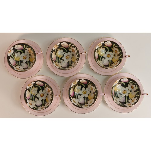 295 - Paragon, a set of six hand painted tulip tea cups and saucers. (6)