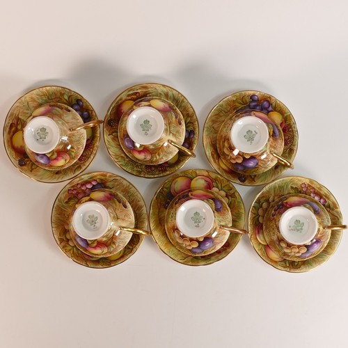 298 - Aynsley, Orchard Gold pattern tea cups. Six tea cups and six saucers. Signed by D Jones and N Brunt.... 