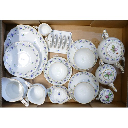 302 - Herend 'Cornflower Blue Garland' pattern tea ware items comprising of two tea pots, 2 x milk jugs, c... 