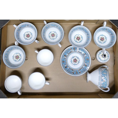 309 - Wedgwood, Blue Florentine pattern tea, coffee and dinner ware including platters, tureens, teacups, ... 