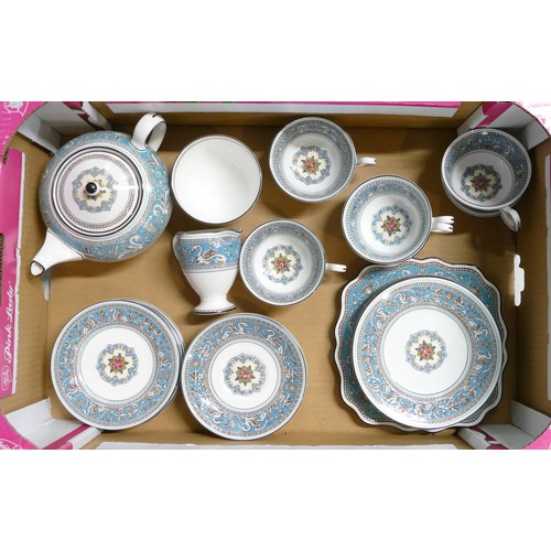 322 - Wedgwood, Blue Florentine tea set includes tea pot, milk jug, open sugar bowl, six tea cups, five sa... 