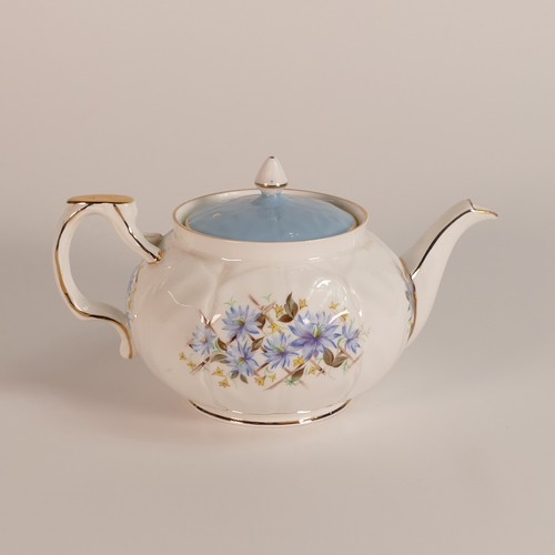 325 - Aynsley Bone China blue Cornflower pattern gilded tea pot, Crocus shape. Height 11cm.