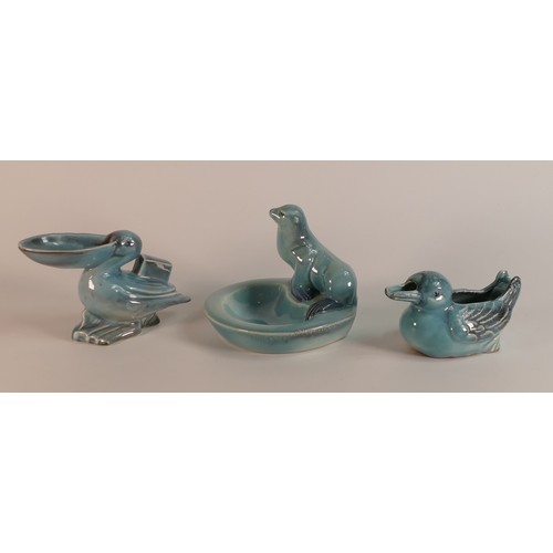 330 - Beswick, three gloss blue items including Seal pin dish, Pelican dish and Duck sauceboat (3)