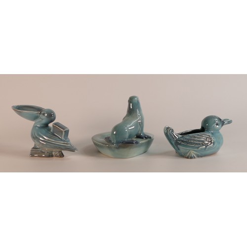 330 - Beswick, three gloss blue items including Seal pin dish, Pelican dish and Duck sauceboat (3)