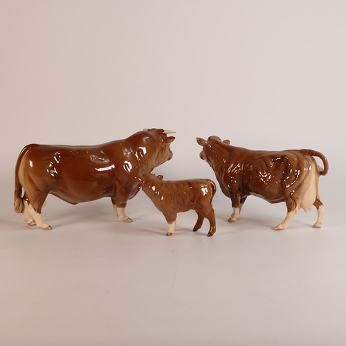 344 - Beswick set of Limousin cattle: Comprising Cow 3075B, Bull 2463B and Calf 1827E, limited small editi... 