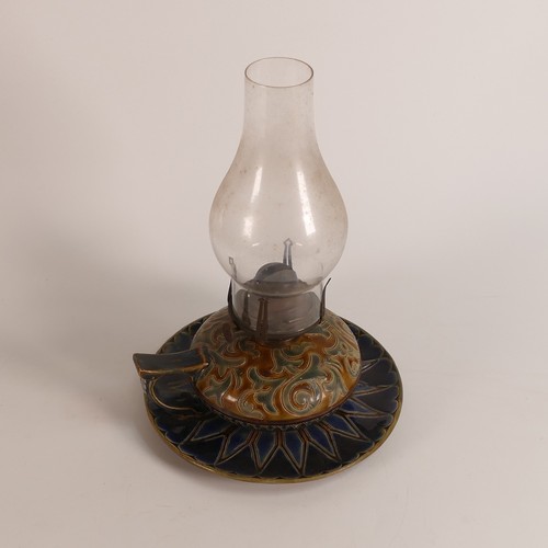 519 - Doulton Lambeth, Saltglaze Stoneware hand oil lamp. Impressed 'Royal Doulton' backstamp with incised... 