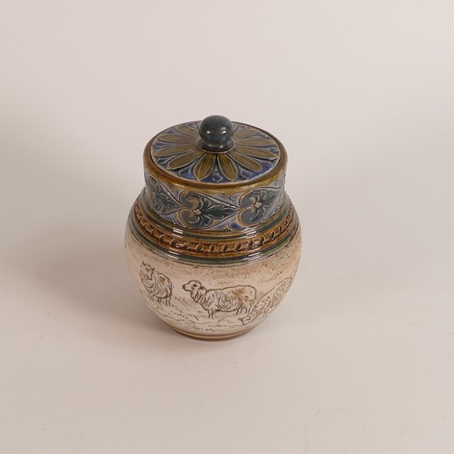 555 - Hannah Barlow for Doulton Lambeth, a Stoneware jar & cover, incised decoration all around with sheep... 