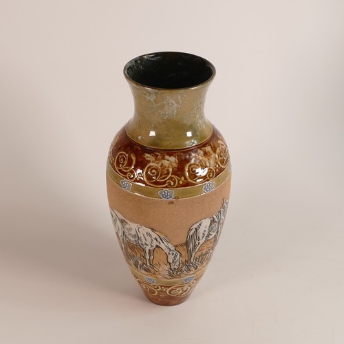 557 - Hannah Barlow for Doulton Lambeth, a Stoneware vase, incised decoration all around with harnessed ho... 