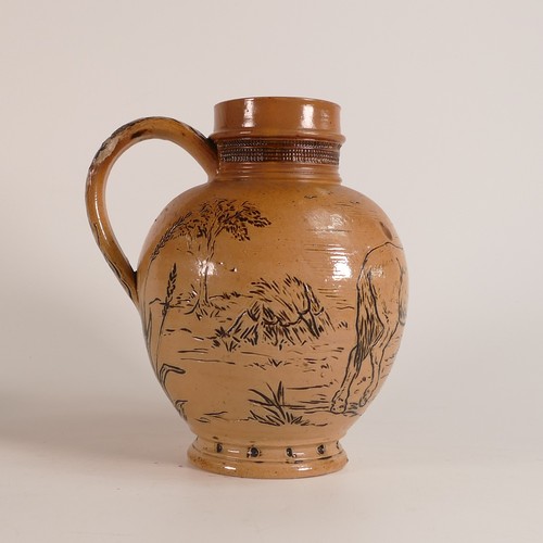 566 - Hannah Barlow for Doulton Lambeth, a Stoneware jug, incised decoration all around with harnessed hor... 